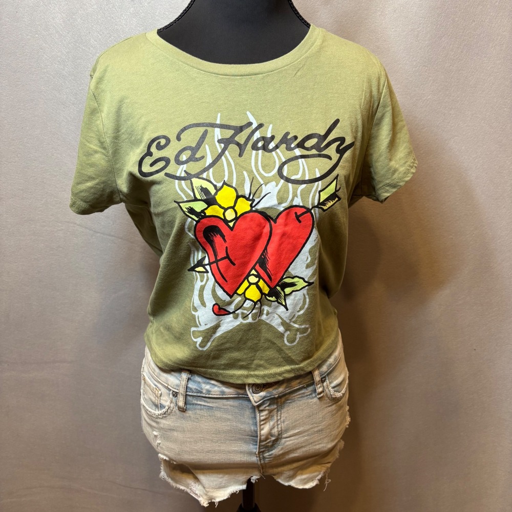Ed Hardy Women Olive Green Heart Tattoo Graphic Crop Top XL
